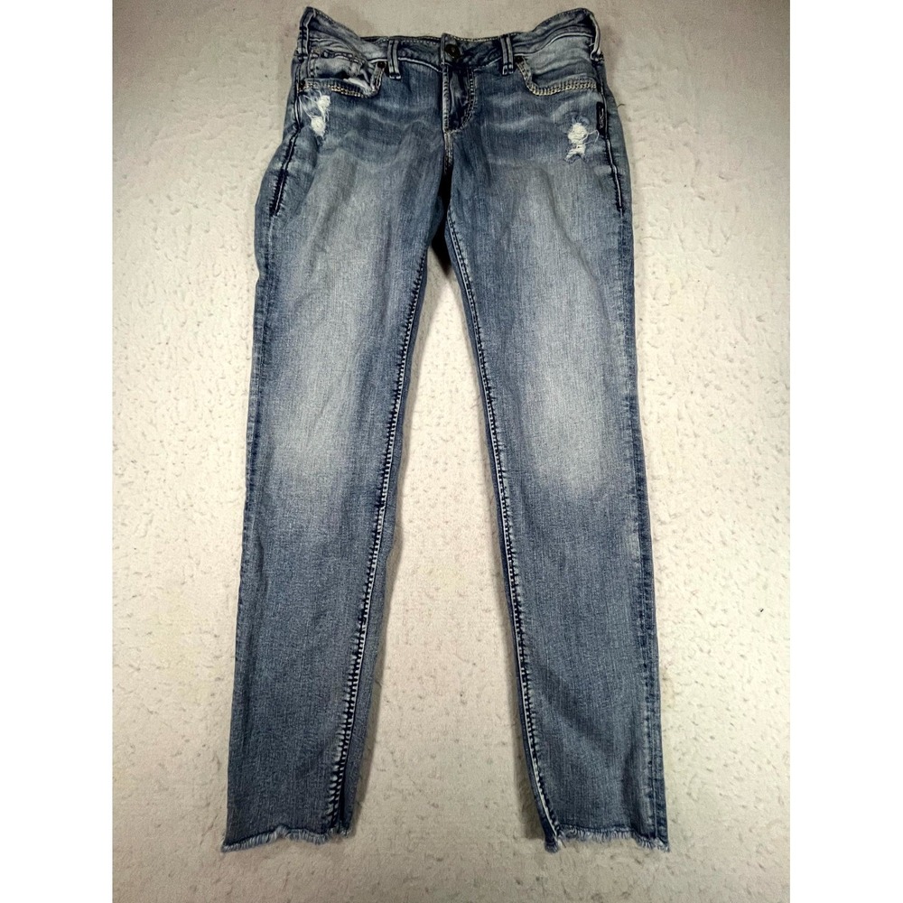 Y2K Silver Jeans Co Sam Jeans Womens 29x29 Blue Stretch Distressed Frayed Hem